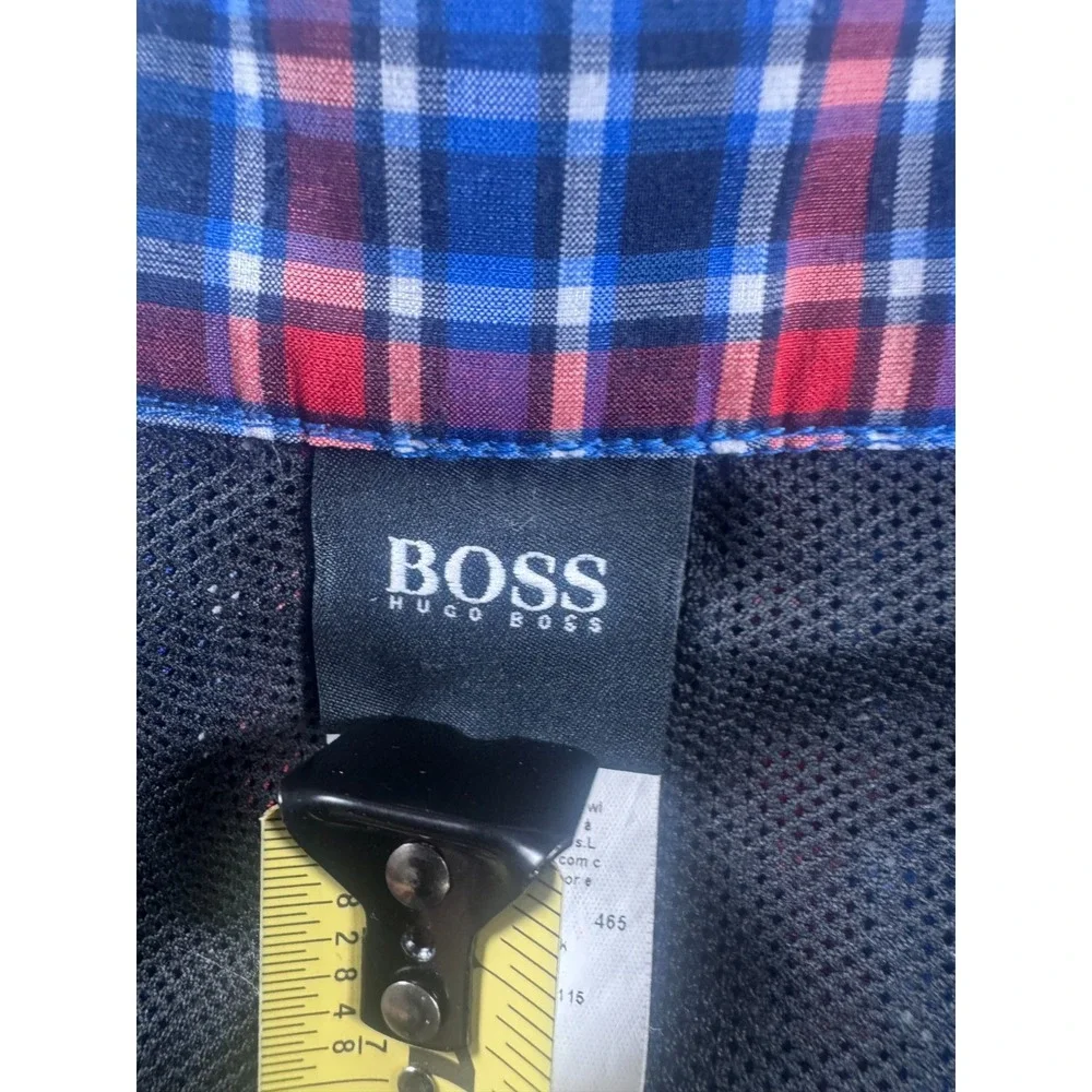 Hugo Boss Crocodile Shark Board Shorts Mens L Blue Red Plaid Mesh Built-In Brief
